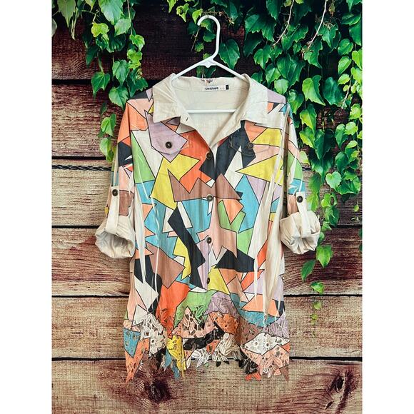 Origami by Vivien Blouse Colorful Geometric Lace Faux Suede ButtonUp XXL 2XL - Picture 1 of 8